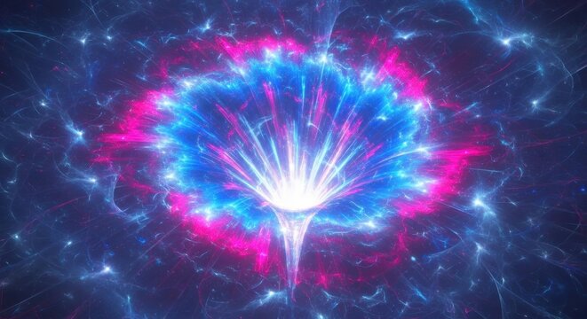 Luminous cosmic bloom with radiant filaments, glowing heart, interstellar art