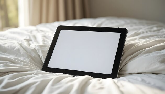 A digital tablet with a blank white screen rests on a comfortable, rumpled bed in a sunlit bedroom, ideal for mockups and displaying content