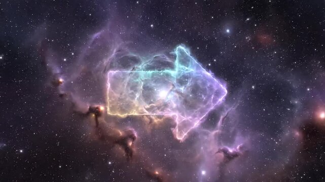 Displays a stylized arrow superimposed on a space nebula background.