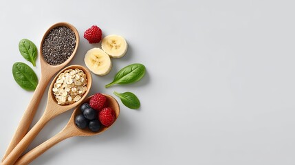 Fototapeta premium Healthy Ingredients in Wooden Spoons with Fresh Fruits and Greens on a Light Background for Cooking and Nutrition Concepts