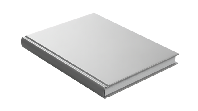A sleek hardcover book with a plain light gray cover and dark gray spine isolated on a transparent background