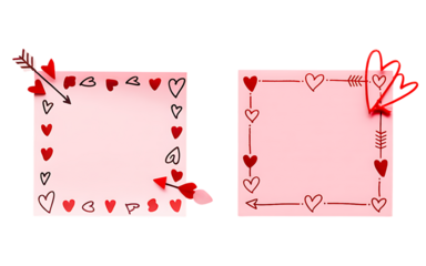 Pink sticky notes decorated with hand-drawn hearts and arrows perfect for Valentines Day notes isolated on white