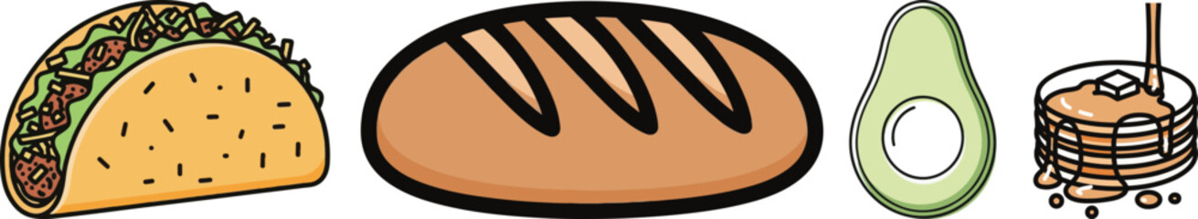 Simple Outline Food Icons Set: Taco, Bread, Avocado, Pancakes Vector