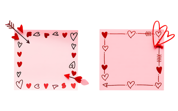 Pink sticky notes decorated with hand-drawn hearts and arrows perfect for Valentines Day notes isolated on white - Powered by Adobe