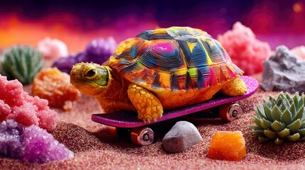 A vibrant, multi-colored turtle is perched on a purple skateboard, surrounded by a surreal landscape of colorful crystals and succulents, under a dramatic sunse