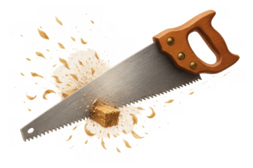 Handsaw cutting wood with flying sawdust and wood shavings, carpentry tool for woodworking on transparent background