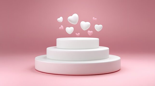 White podium stages with floating pink and white hearts creating a romantic and joyful atmosphere suitable for celebrations and special events
