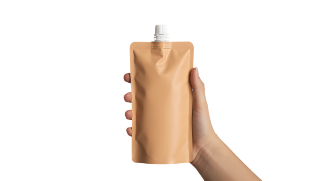 Hand holding a blank peach colored stand up spout pouch with white cap isolated on a transparent background