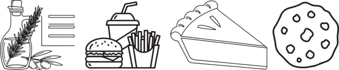 Monochromatic Line Art Food and Beverage Icons with Culinary Elements