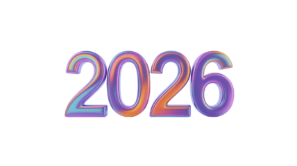 Holographic iridescent 3 D numbers 2026 with smooth metallic sheen isolated on a transparent background