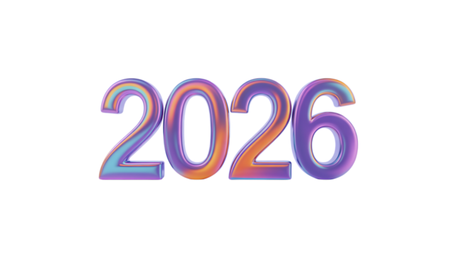 Holographic iridescent 3 D numbers 2026 with smooth metallic sheen isolated on a transparent background