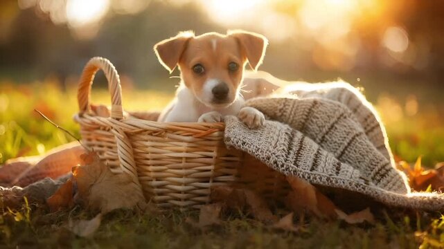 A closeup of a young puppy resting in a wicker basket amidst autumn leaves and a knitted blanket. The puppys gaze is directed towards the camera, and its ears are perked up.