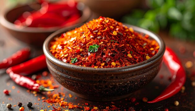 Close up photo of a bowl filled with crushed red pepper flakes with chili peppers - Powered by Adobe