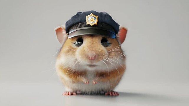 A closeup of a hamster wearing a police hat. The hamsters fur is a mix of brown and white, and its eyes are a striking shade of blue.