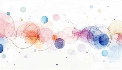 An abstract composition featuring translucent, colorful bubbles and delicate wisps of smoke or fabric arranged in a horizontal flow, illuminated by soft, diffus