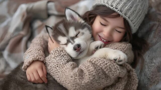 A closeup of a young girl hugging a husky puppy. The girl is wearing a knitted hat and a cozy sweater, and the puppy is snuggled close to her. The background is blurred.