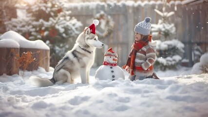 A vivid winter scene featuring a husky dog dressed in festive attire amidst snow. The dog is adorned with a Santa hat, and its fur is a mix of white and gray.