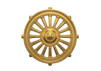 Golden dharma wheel, sacred buddhist symbol of enlightenment, path, spiritual journey and peace