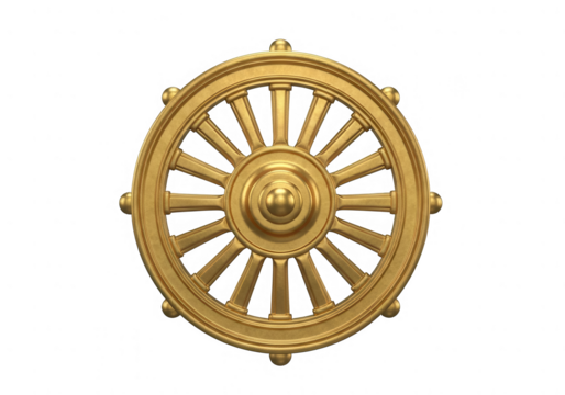 Golden dharma wheel, sacred buddhist symbol of enlightenment, path, spiritual journey and peace