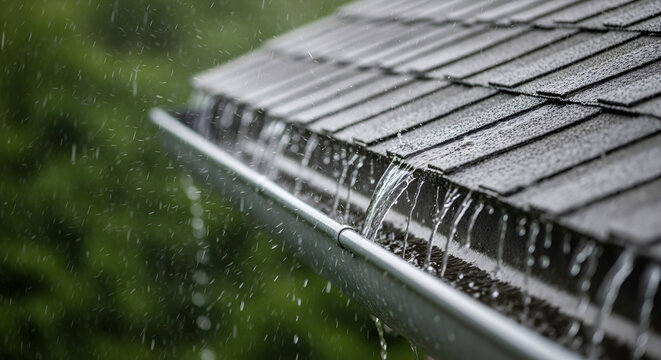Heavy rain running down dark roof tiles into a metal gutter with a blurred background: symbolizing residential protection, efficient rainwater drainage, and the melancholic atmosphere of a storm