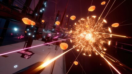 A vibrant, abstract digital art piece depicting a swirling vortex of orange energy at the center, surrounded by floating orange orbs and emanating pink and yell