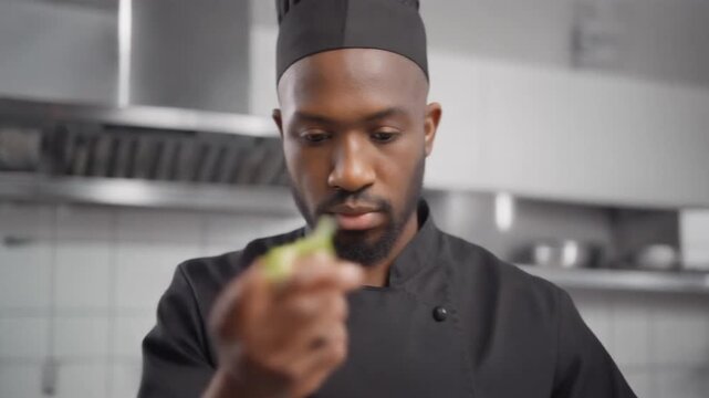 Dedicated African American chef in a professional kitchen meticulously examines a fresh green garnish, preparing quality ingredients for a refined culinary experience