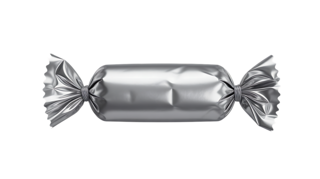 Single silver metallic foil wrapped candy bar with twisted ends isolated on a transparent background