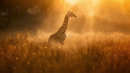 A vivid portrayal of a giraffe standing amidst a field of golden dust, bathed in a warm, golden hue. The giraffes intricate pattern is highlighted by the sunlight.