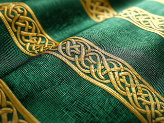 An Artistic Close-Up of Celtic Knotwork on Emerald Fabric