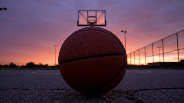 Basketball player dribbling at sunset outdoor court action sequence urban environment low angle sport dynamics