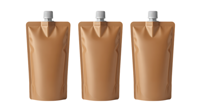 Three blank brown stand up spout pouches with white caps isolated on a transparent background stand up pouch