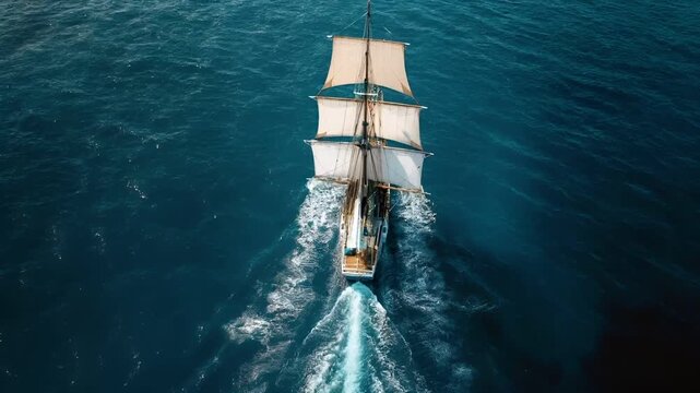 Aerial view of sailing ship with white sails on blue oceansailboat with three masts and white sails in open sea, with wake trails indicating movement.