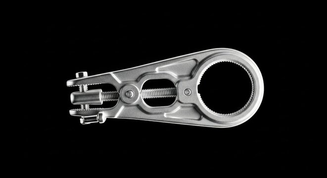 A detailed closeup of a metal clamp tool with a threaded screw mechanism against a black background
