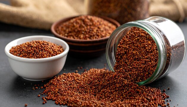 Close up photo of brown sorghum grains spilling around a glass jar and other containers - Powered by Adobe