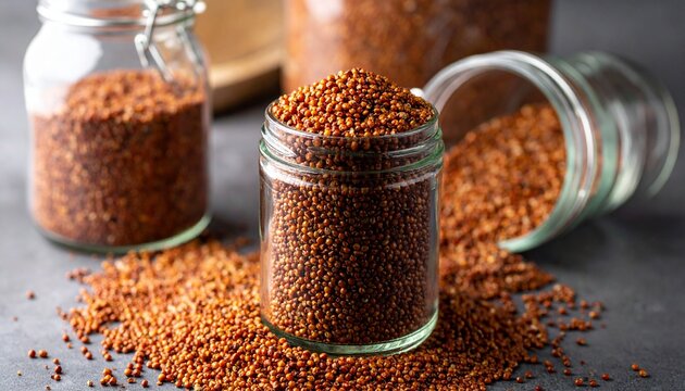 Close up photo of brown sorghum grains spilling around a glass jar and other containers
