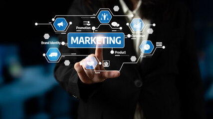 A business professional engages with digital marketing concepts, highlighting analytics and innovative strategies to enhance brand identity and consumer connection. Tessel