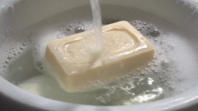 Refreshing cascade of clean water washing over a rectangular bar of soap, producing a fluffy lather in a ceramic dish, emphasizing sanitation and health