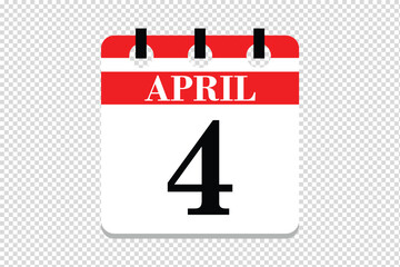 4 April Calendar icon vector, 4 dates of April month calendar icon, dates of April 4 icon calendar, vector calendar icon.