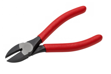 Red handle diagonal cutting pliers, a small hand tool for electricians and mechanics, isolated on a transparent background