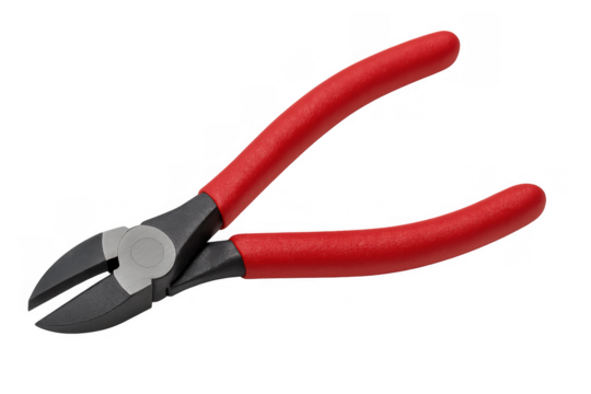 Red handle diagonal cutting pliers, a small hand tool for electricians and mechanics, isolated on a transparent background