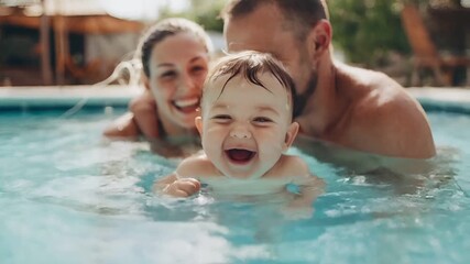 A closeup shot of a family enjoying a sunny day in a swimming pool. The main subject is a joyful young child being bathed in water, with a woman and man in the background.