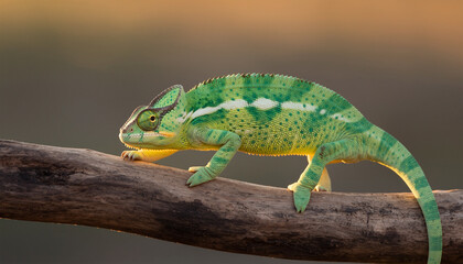 Obraz premium Green Chameleon Walking on Wooden Branch in Nature