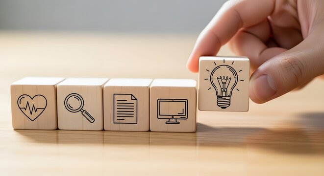 Hand placing a wooden block with a lightbulb icon on top of a row of blocks featuring heart, magnifying glass, document, and computer icons, symbolizing innovation and problemsolving in business 