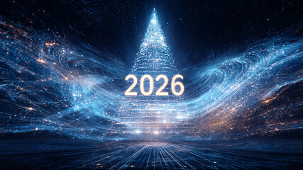 Árvore de Natal futurista com efeito de luzes em partículas e Ano Novo 2026