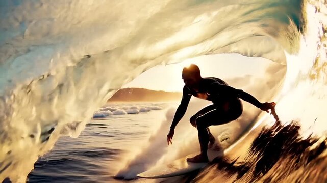 A surfer is captured midride riding a wave, captured in a dynamic pose. The surfers body is angled slightly to the left, with one leg extended forward and the other bent at the elbow.