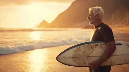 A surfer stands by the ocean during sunset, with a surfboard in hand, against a backdrop of a mountainous landscape. The sun casts a warm, golden hue over the scene.