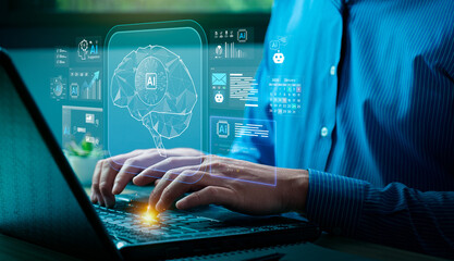 Artificial intelligence brain interface concept with digital hologram of AI neural network, futuristic data visualization representing deep learning, innovation technology, machine intelligence system
