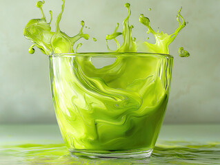 A Glass Filled with Swirling Green Liquid in Motion