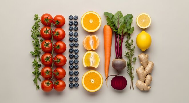 Assortment of fresh, colorful, and healthy fruits and vegetables like tomatoes, blueberries, oranges, carrot, beet, lemon, ginger, and herbs arranged neatly on a light gray surface