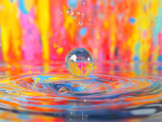 The Magic of Holi Captured in a Reflective Water Droplet